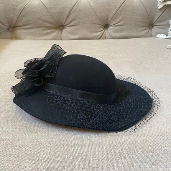 Geo W Bollman CO Black Wool Hat Flower Netting Ribbon USA Vintage main image 5